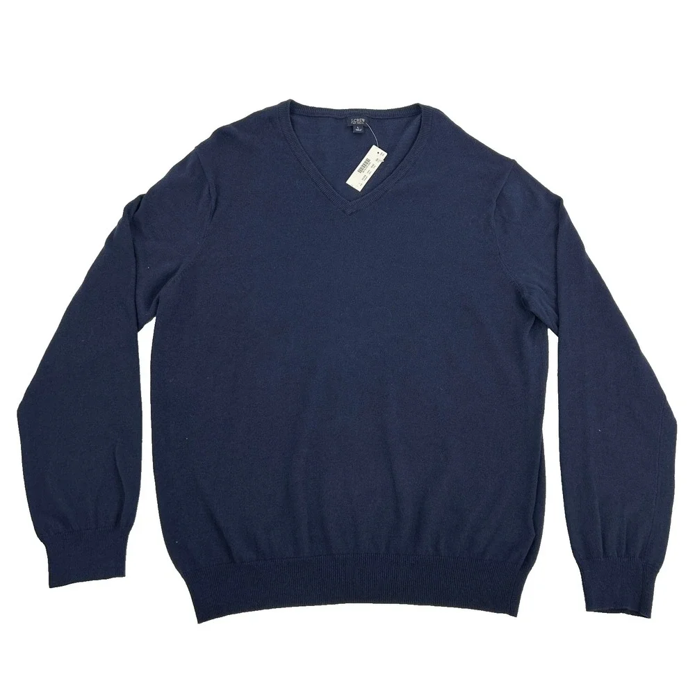 J. Crew Sweater Men's Large Navy Blue V-Neck Cotton Cashmere Blend NEW‎